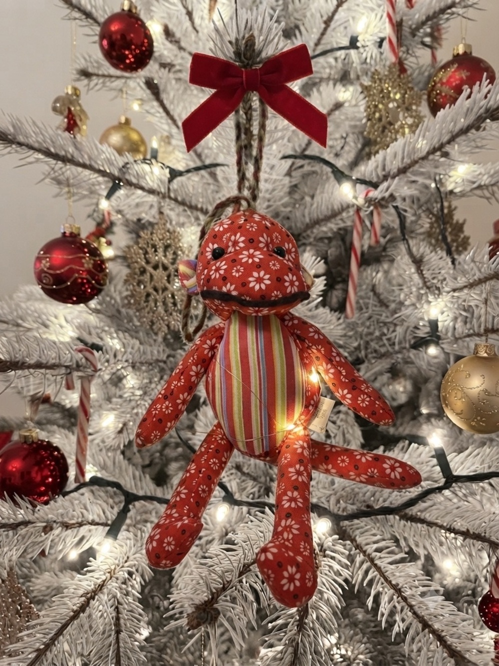 Christmas Plush Sock Monkey Ornament Red Floral with Striped Belly